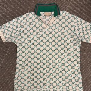Gucci Men's Polo with White and Green Pattern